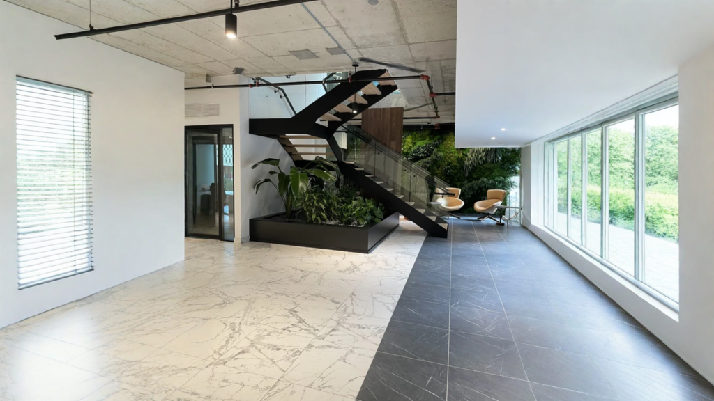 Floating staircase to Central Stringer of black steel and integrated garden