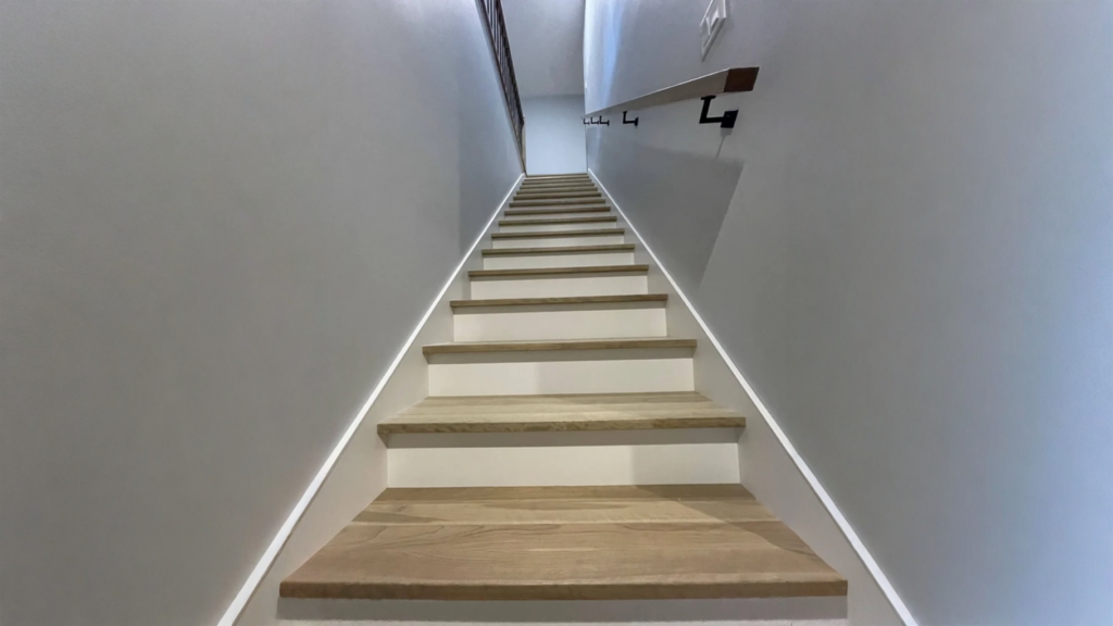 Escalier droit en bois clair avec éclairage à ruban DEL intégré