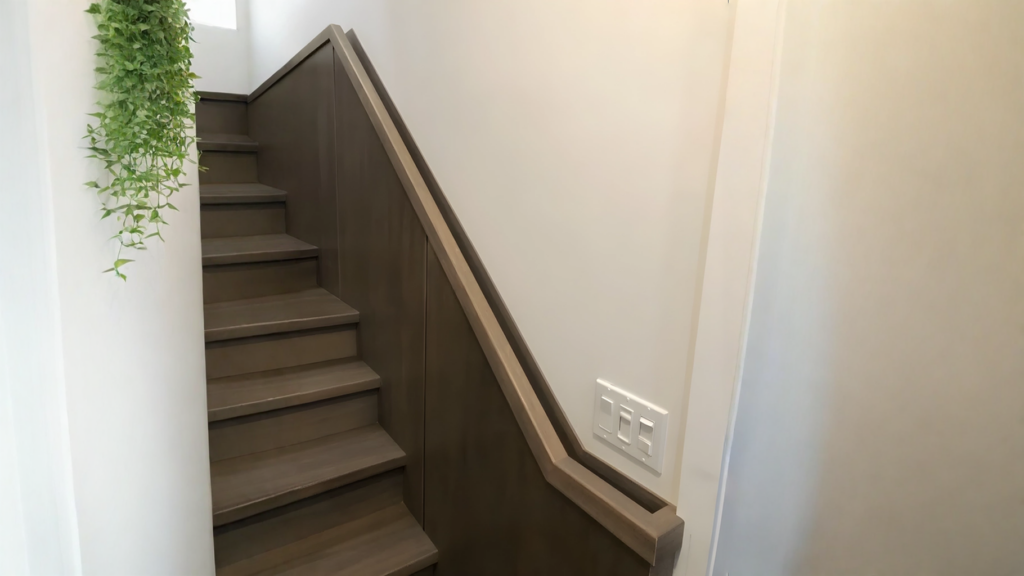 Escalier droit avec mur bahut de bois et main courante intégrée