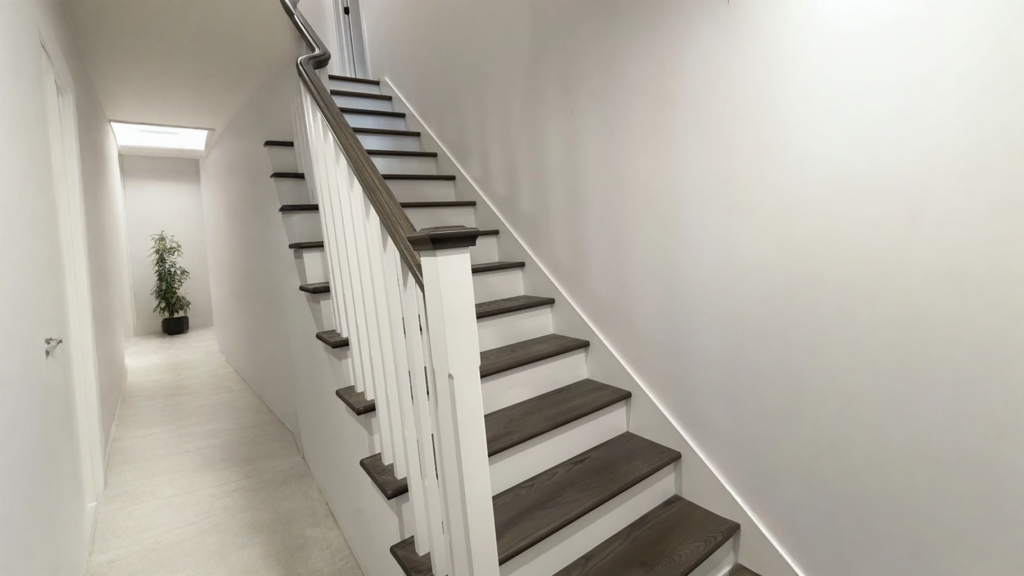 Escalier deux tons : marches en bois gris et barreaux de bois blancs