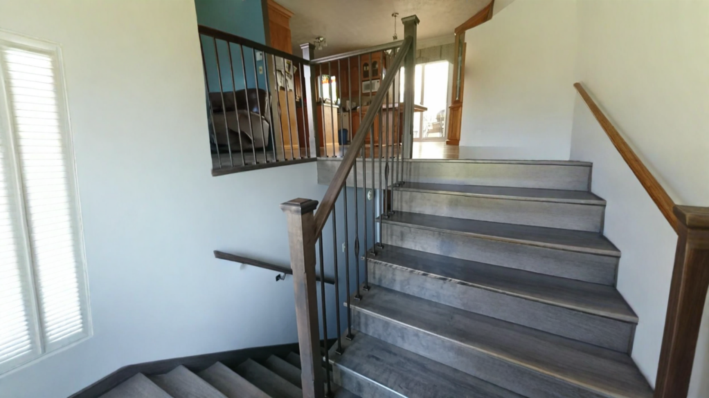 Winder staircase to risers white and balusters turned