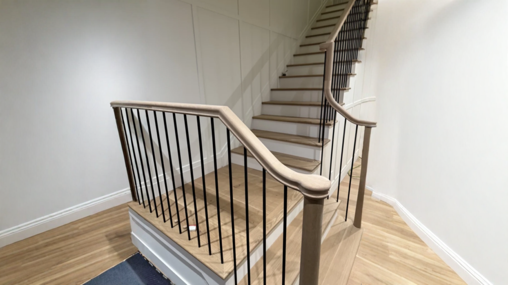 Escalier tournant en chêne blanchi à fins barreaux noirs