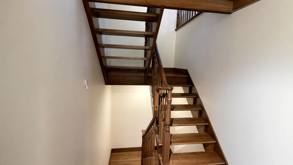 Escalier tournant de bois franc brun foncé à barreaux tournés