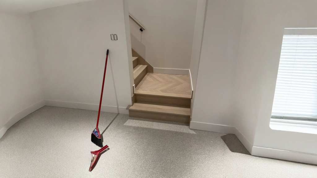Escalier tournant en chêne blanc avec palier à motif chevron