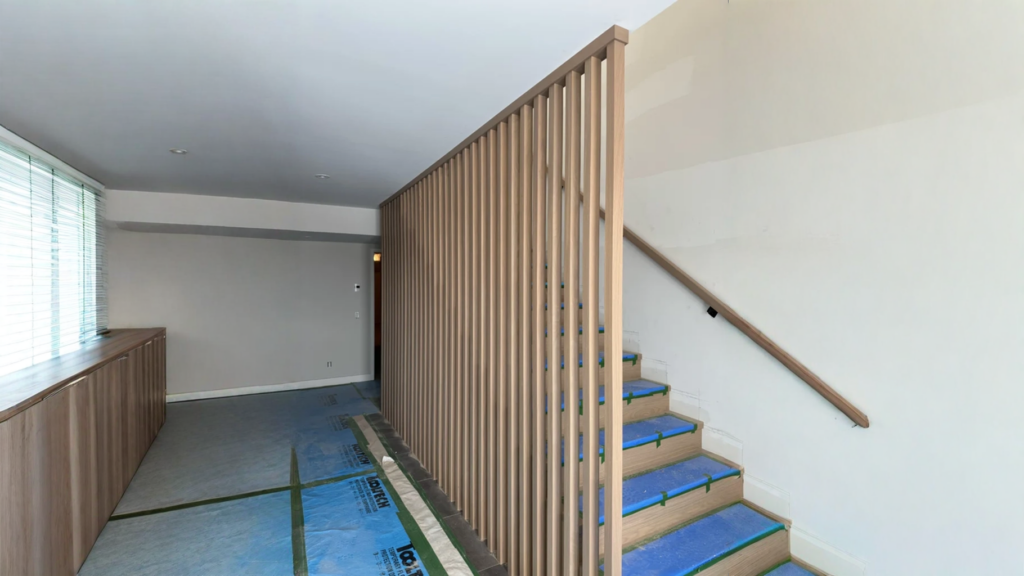 Escalier droit habillé d’un claustra de tasseaux verticaux en chêne blanc