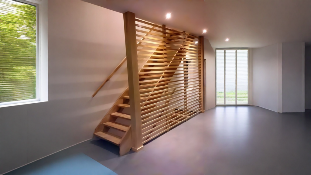 Escalier droit en érable clair avec claustra à lattes de bois