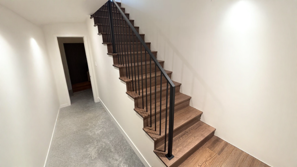 Escalier droit en chêne brun à garde-corps tout en métal noir