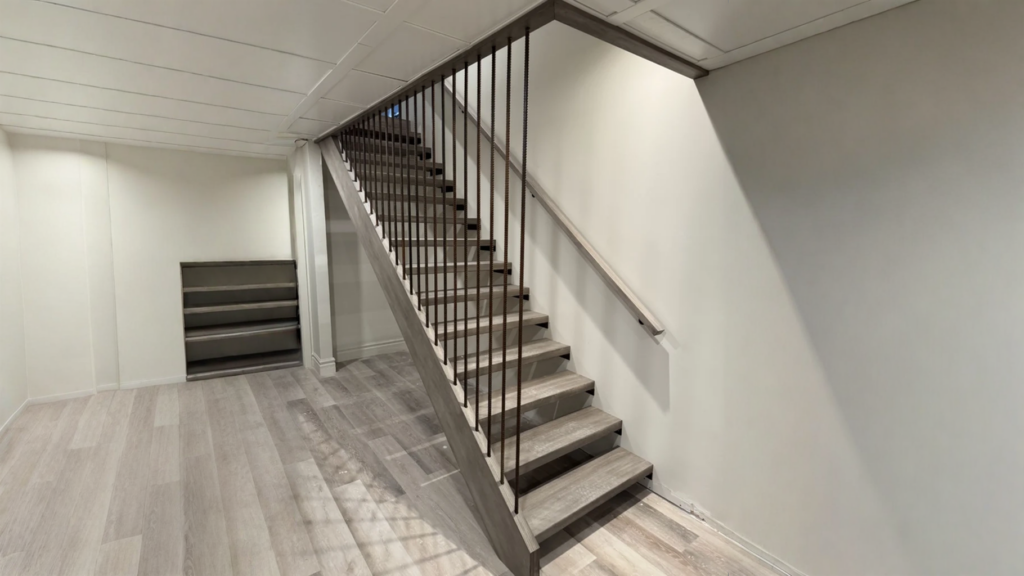 Escalier à contremarches ouvertes et tiges d'acier texturées, Granby