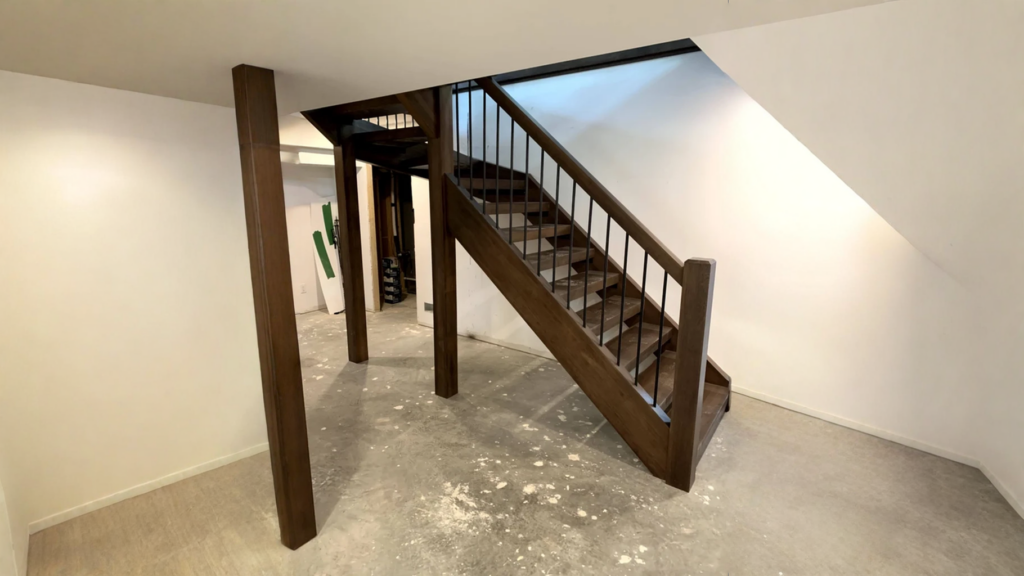 Escalier tournant à contremarches ouvertes en bois teinté foncé