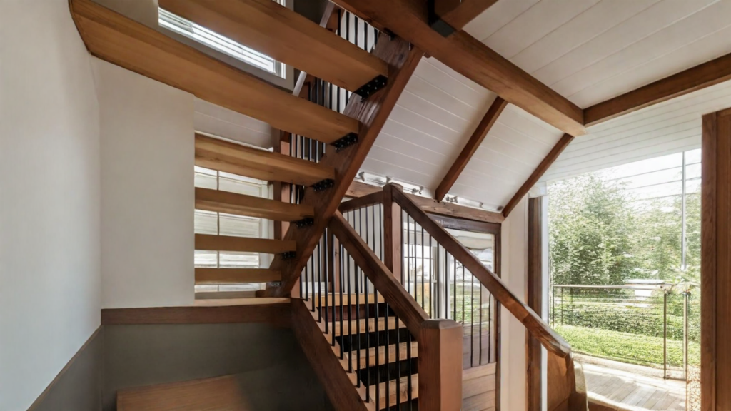 Escalier tournant en chêne à contremarches ouvertes et barreaux métalliques noirs