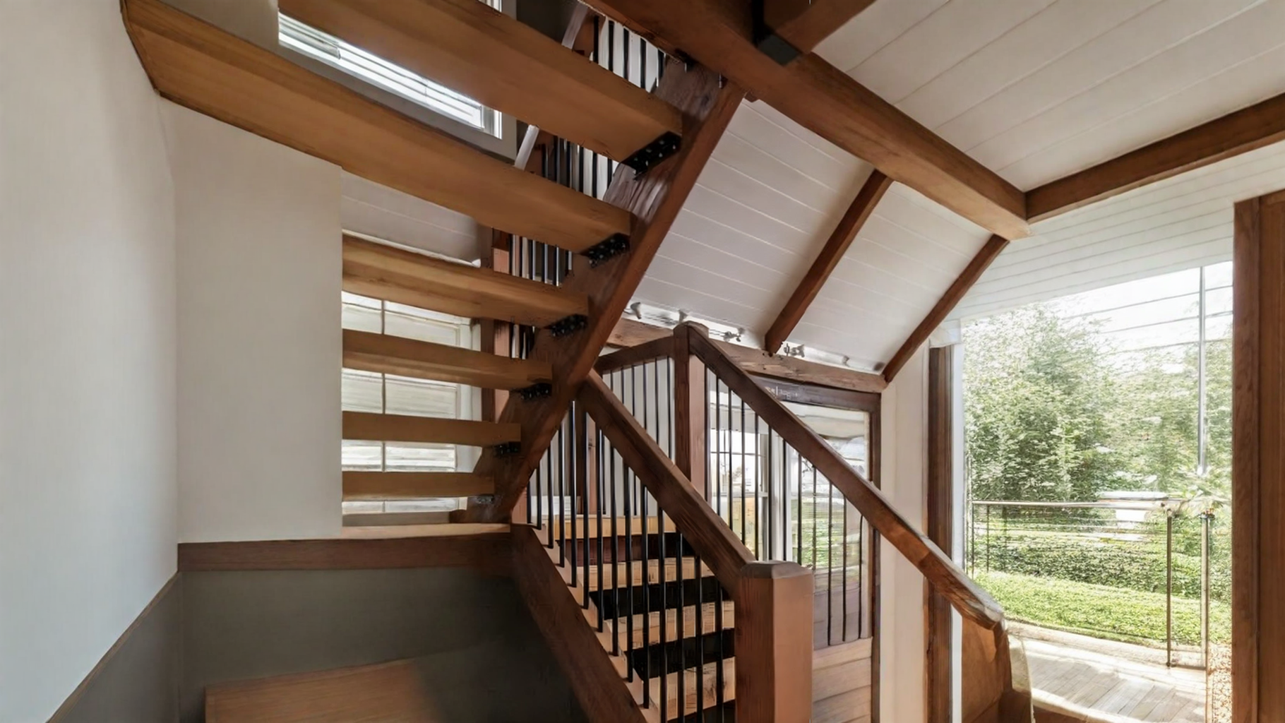 Escalier tournant en chêne à contremarches ouvertes et barreaux métalliques noirs — vue principale