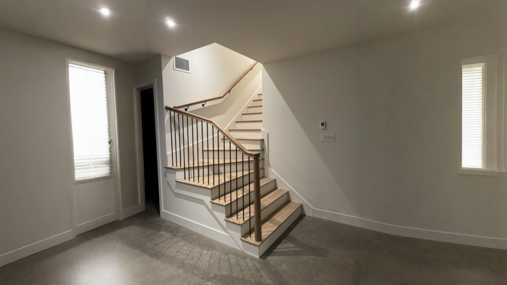 Escalier tournant à barreaux d’acier noir et poteau de bois tourné