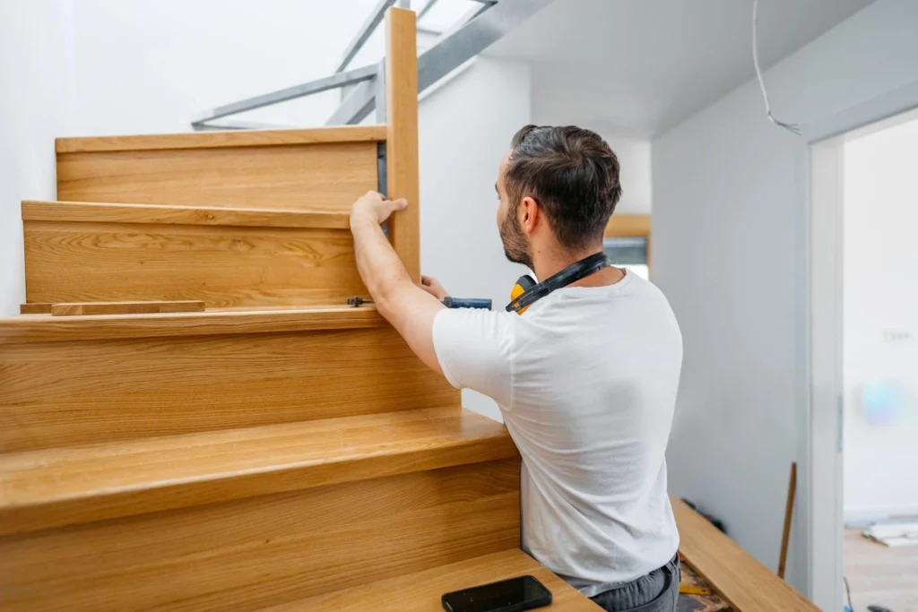 Mise en place des marches de bois d’un escalier en cours d’installation
