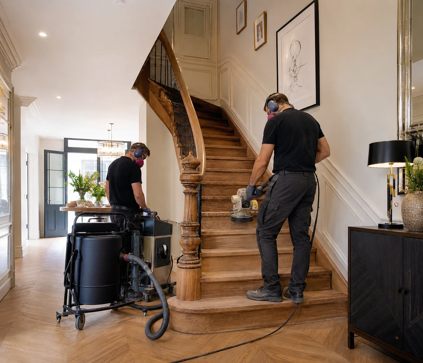 Équipe de deux hommes sur un chantier de sablage d’escalier en bois