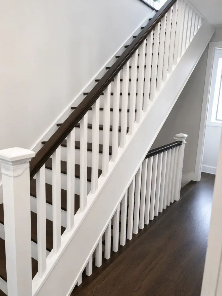 Escalier à barreaux de bois blancs et main courante foncée