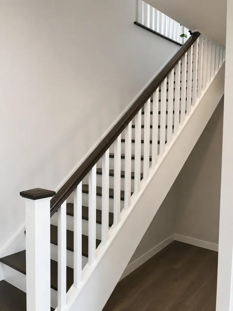 Escalier droit à barreaux blancs et main courante en bois teinté