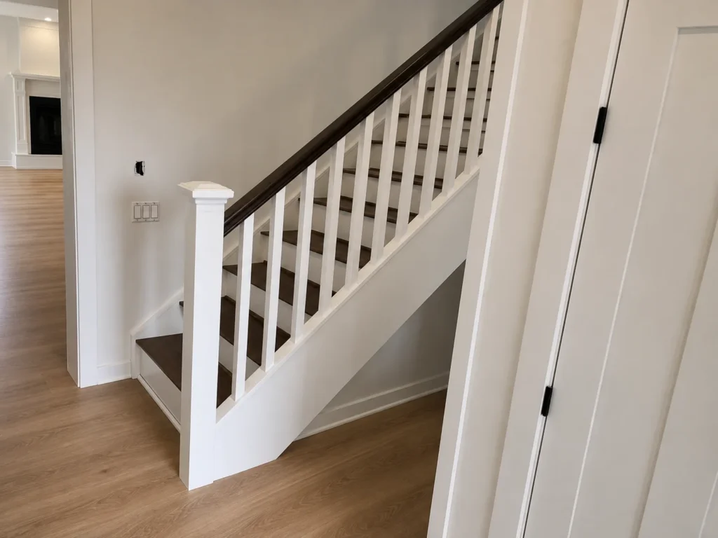 Escalier droit deux tons avec barreaux de bois blancs et main courante foncée