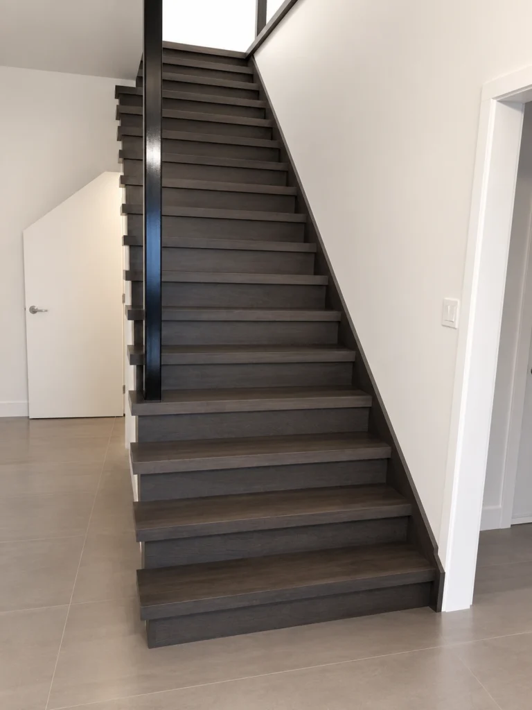 Escalier droit en bois teinté gris foncé à main courante d&rsquo;acier