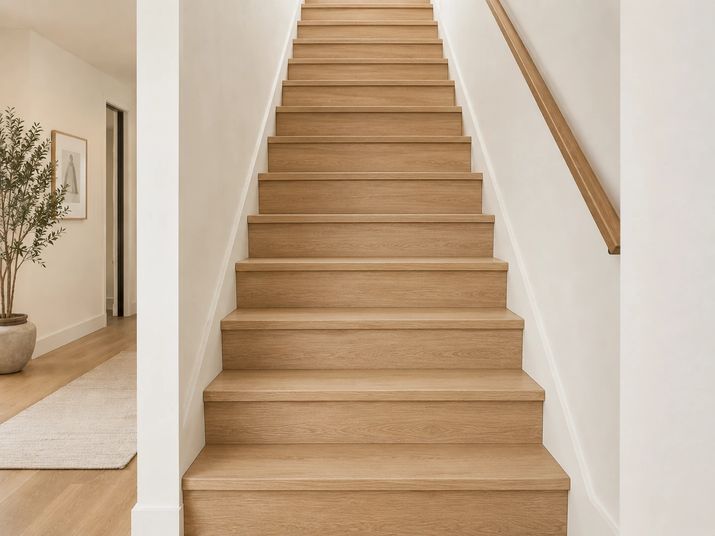 Escalier tournant rénové aux marches foncées et barreaux blancs