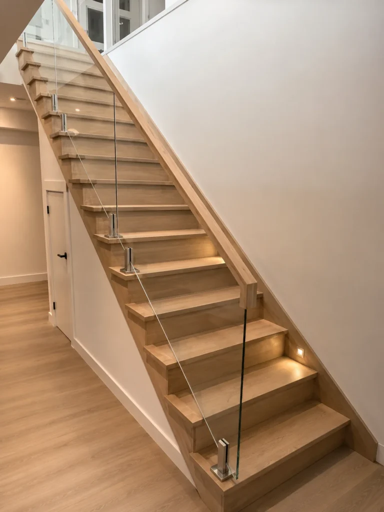Escalier droit en chêne blond à panneaux de verre sur inox