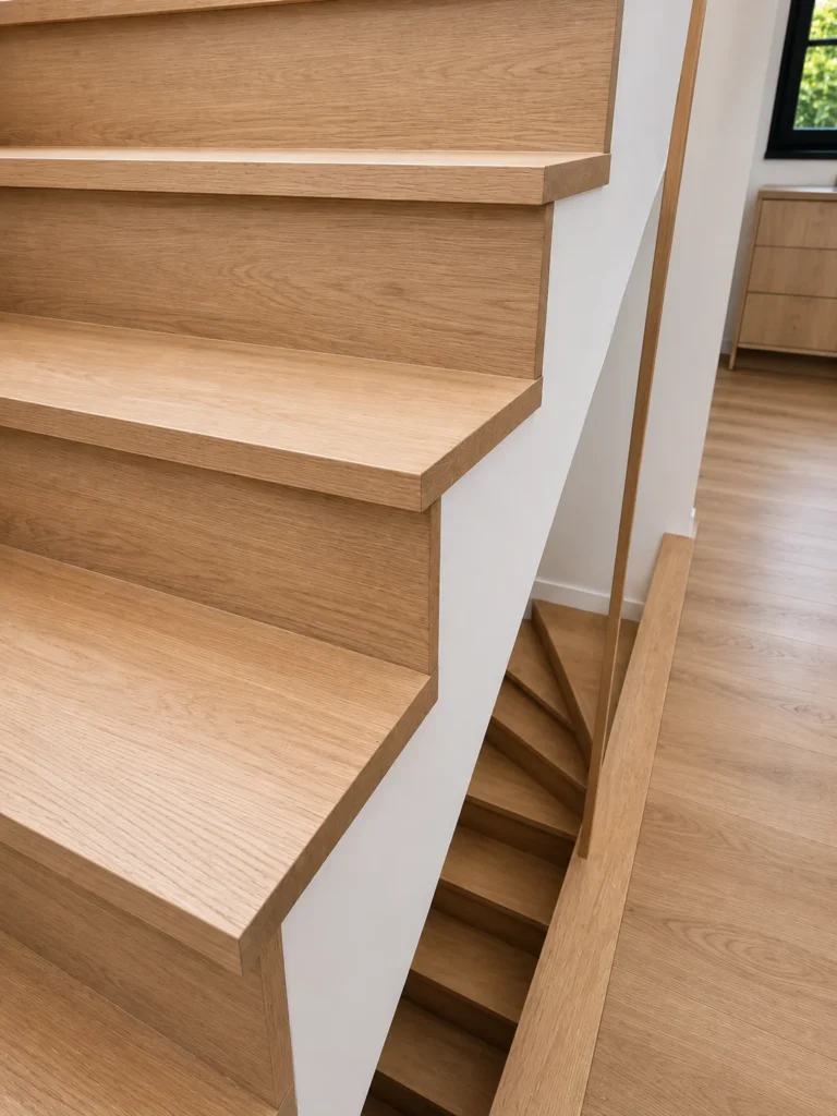 Escalier en chêne blanc à contremarches blanches en cours de finition
