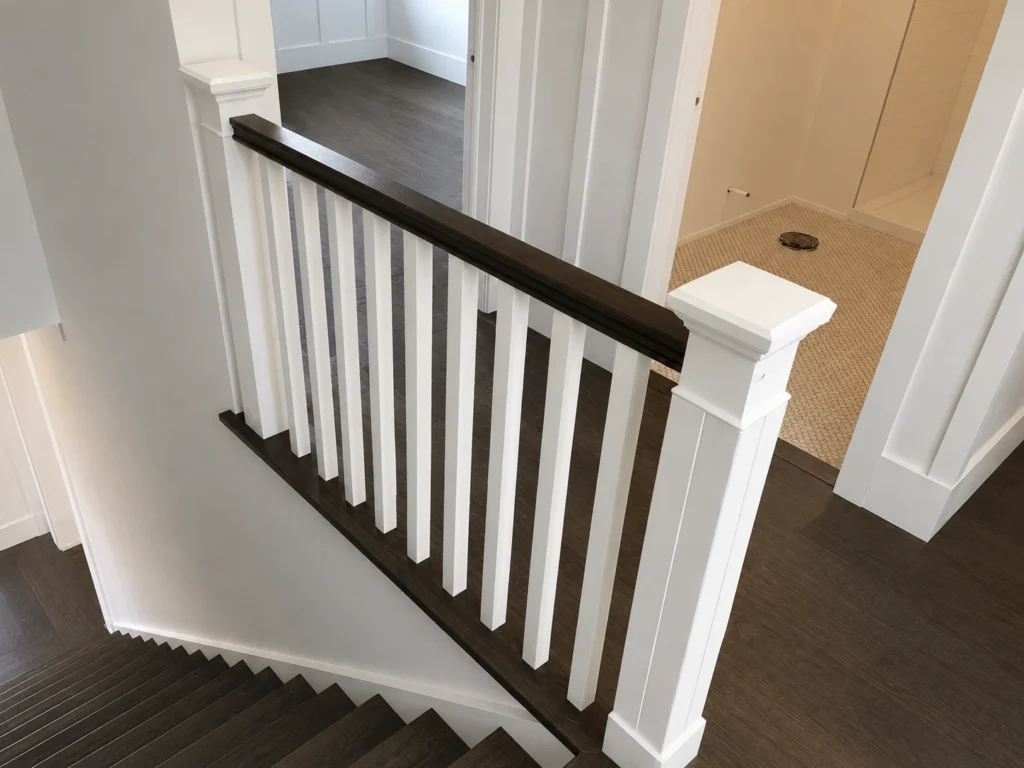 Escalier tournant à barreaux blancs et main courante teintée