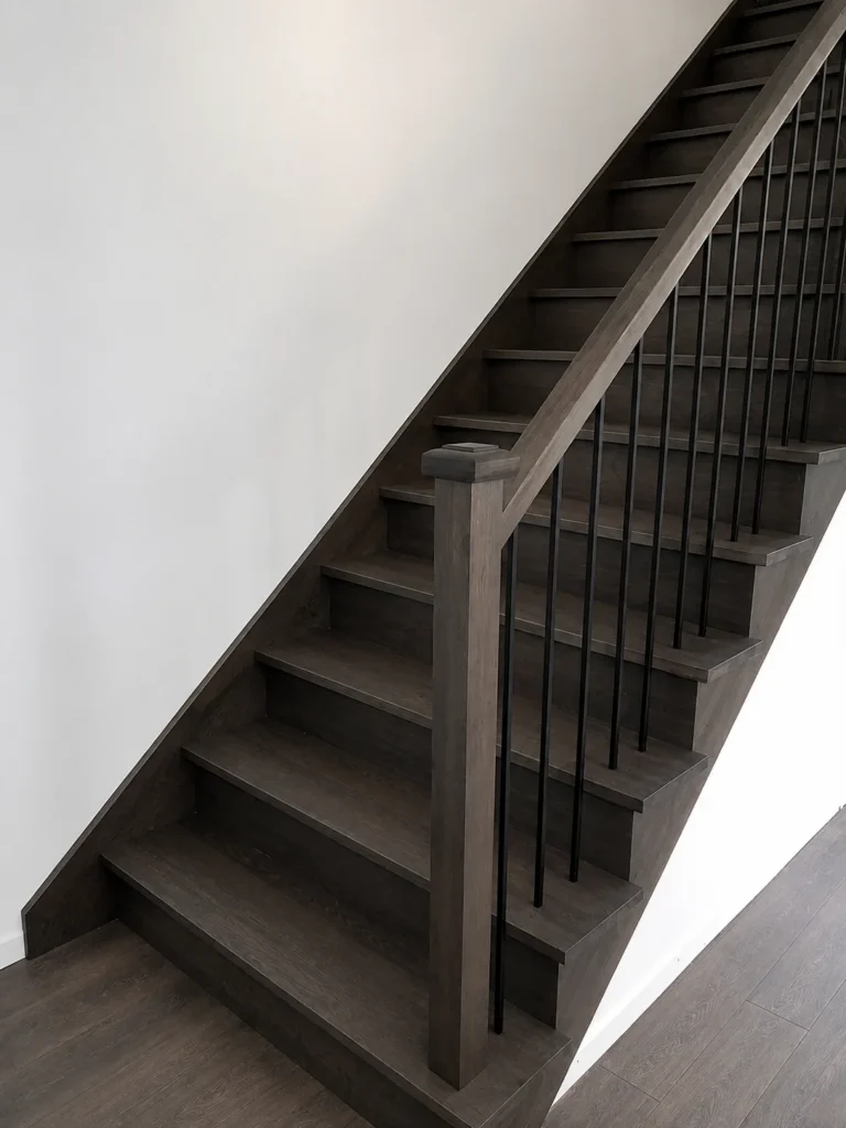 Escalier tournant en chêne teinté gris fumé avec barreaux métalliques noirs