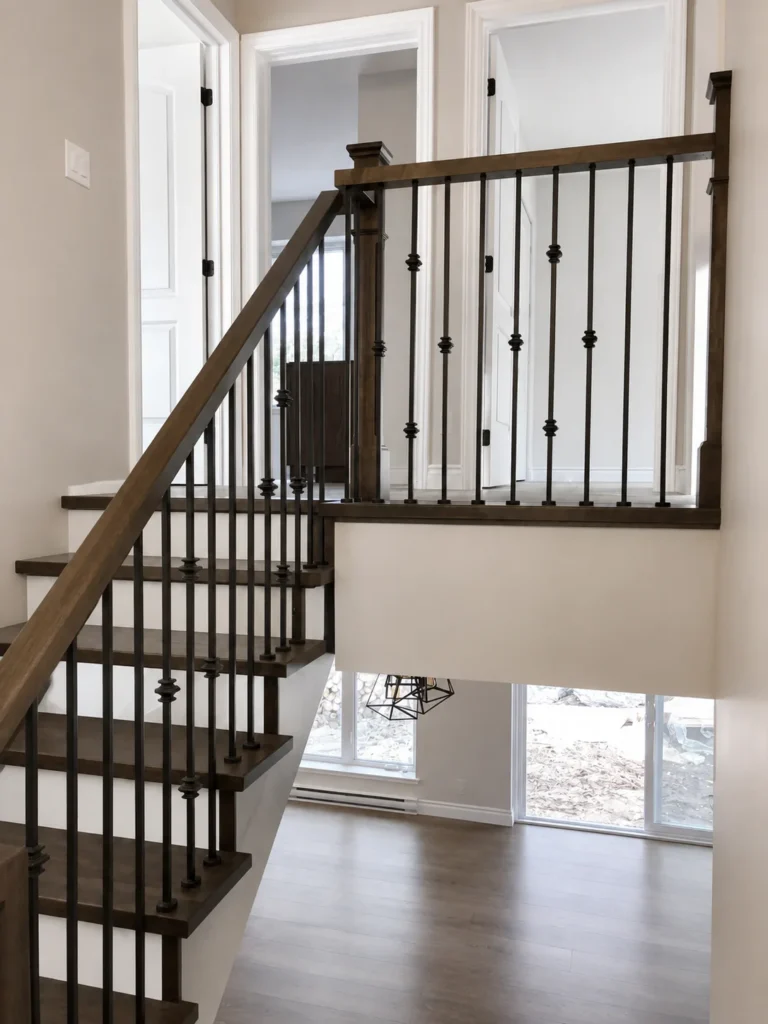 Escalier tournant en noyer à barreaux de fer forgé