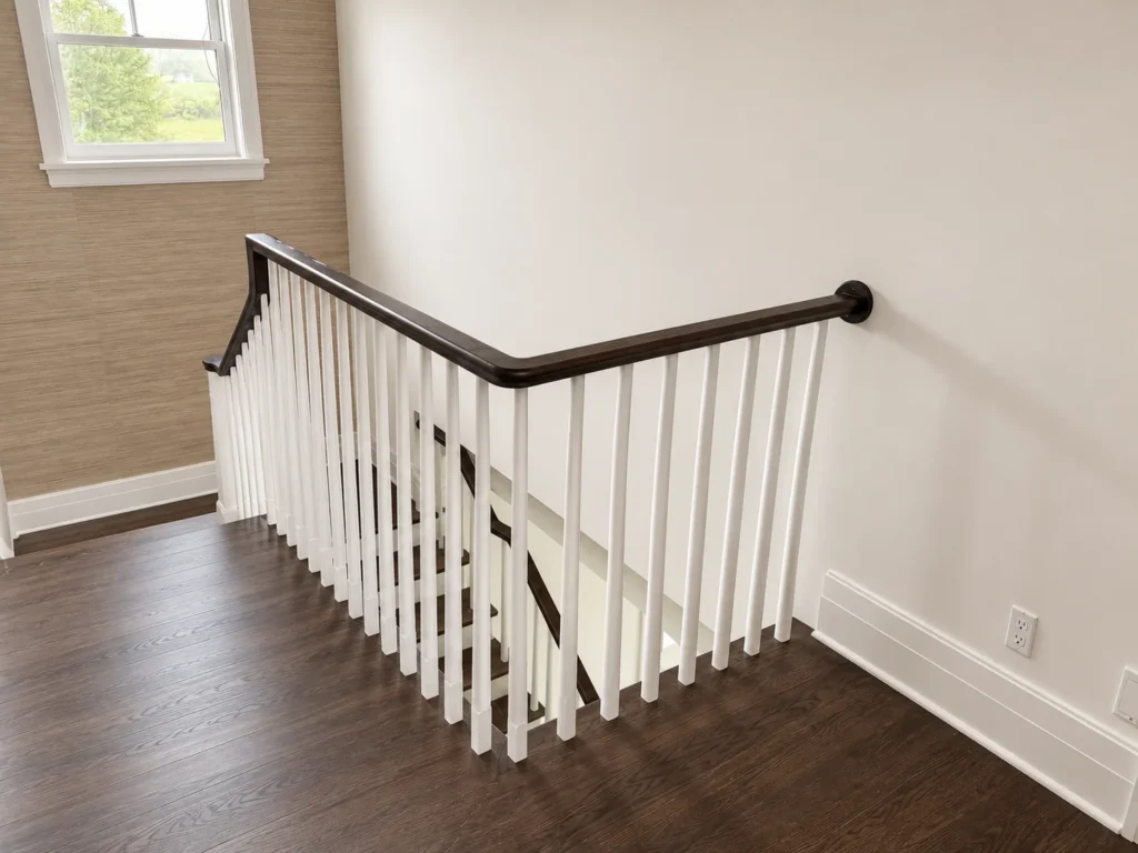 Escalier tournant rénové aux marches foncées et barreaux blancs