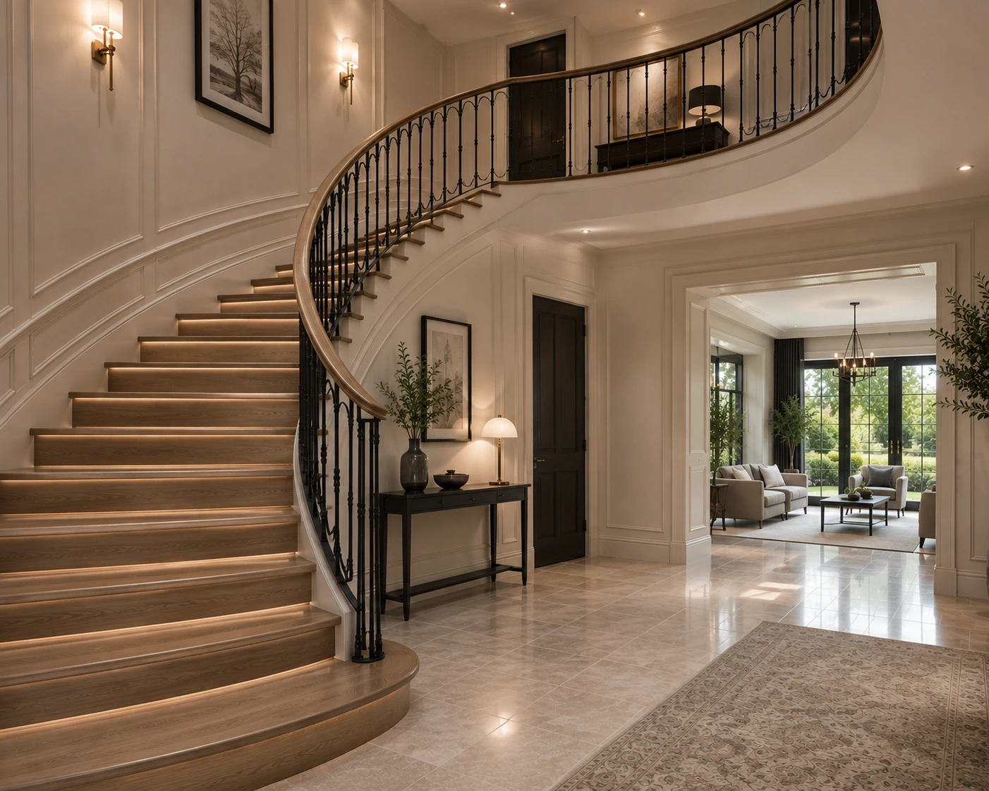Escalier tournant en érable clair avec main courante de bois cintrée