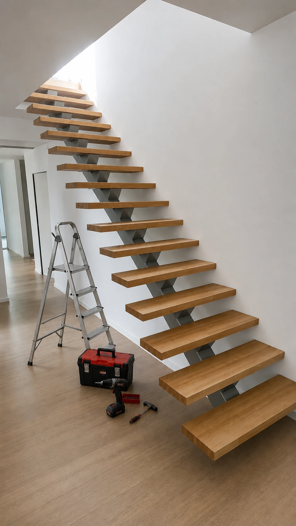 Escalier à limon central en acier avec marches épaisses en érable clair