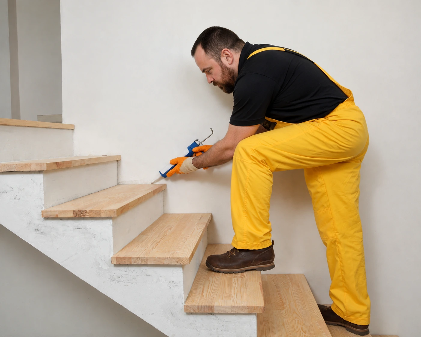 Craftsman applying joint glue on the joints of a wooden staircase